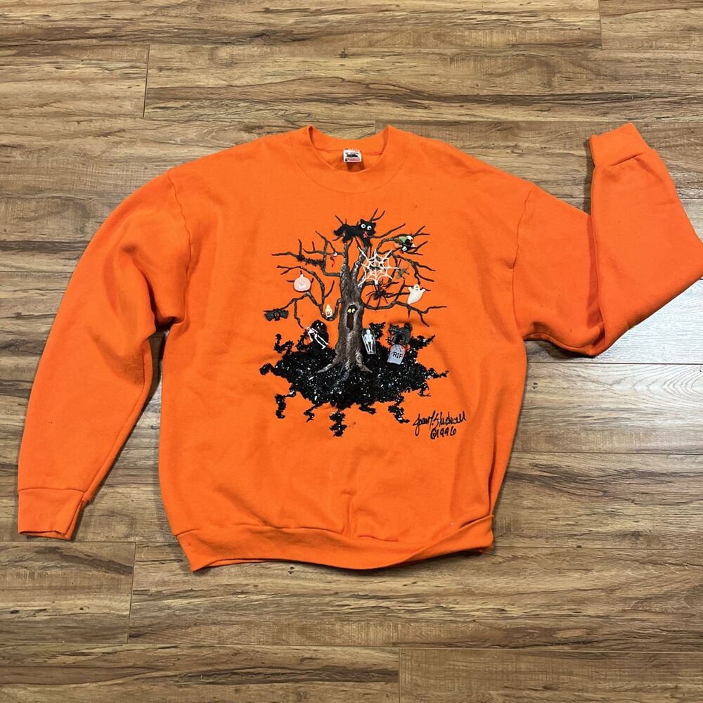 Vintage 90s Halloween Crewneck Sweatshirt Orange Haunted Spooky 3D Embellish XL